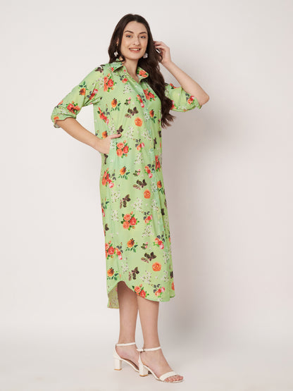 Kuberakshi- Pista green  printed long shirt style dress with belt