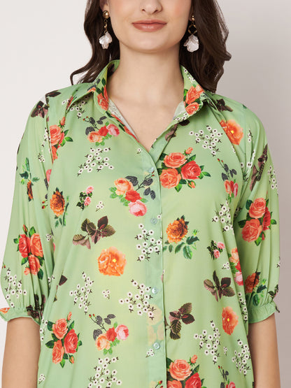 Kuberakshi- Pista green  printed long shirt style dress with belt