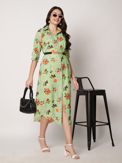 Kuberakshi- Pista green  printed long shirt style dress with belt