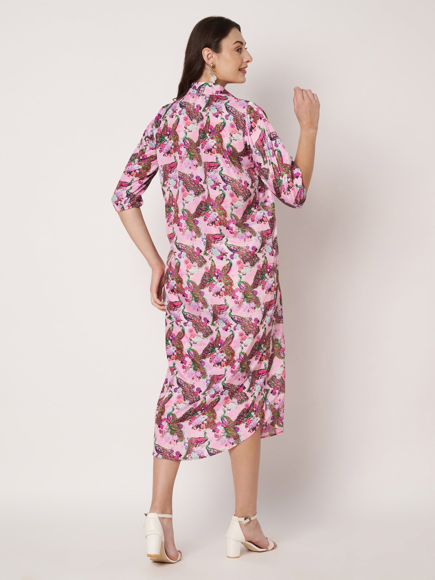 Kuberakshi- Pinky peacock print shirt style long dress with Pocket and belt