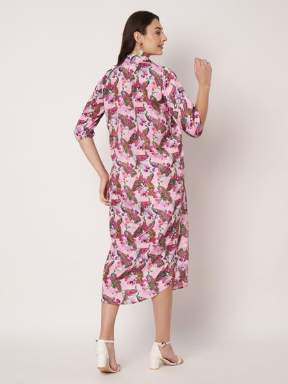 Kuberakshi- Pinky peacock print shirt style long dress with Pocket and belt