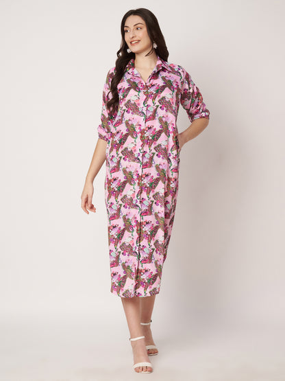 Kuberakshi- Pinky peacock print shirt style long dress with Pocket and belt