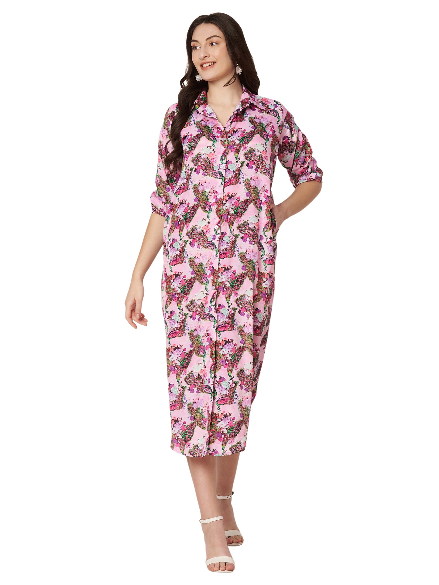 Kuberakshi- Pinky peacock print shirt style long dress with Pocket and belt