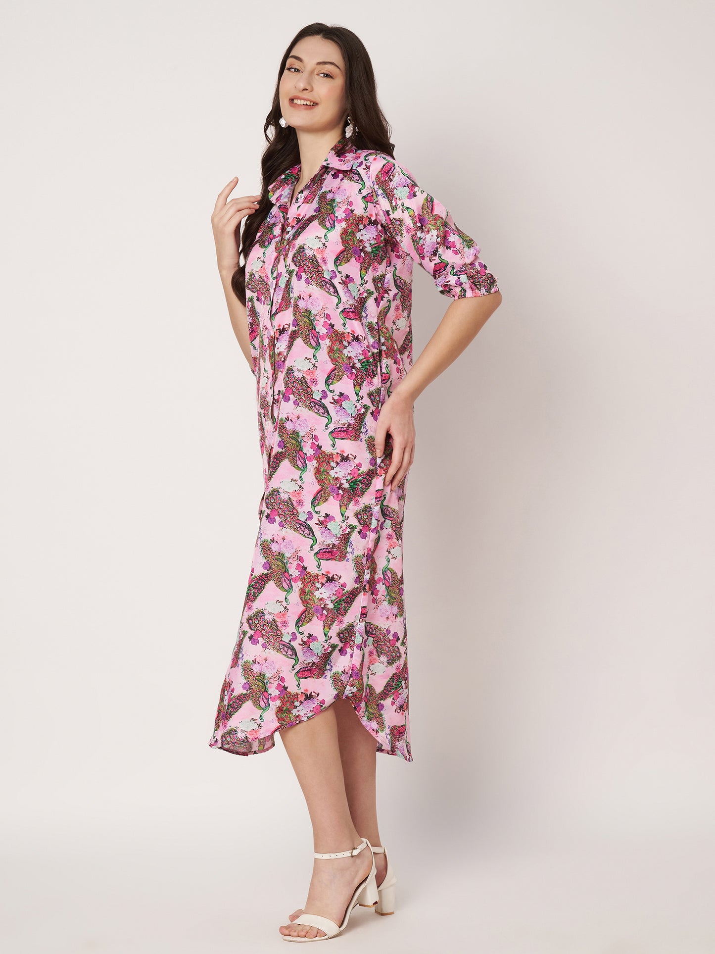 Kuberakshi- Pinky peacock print shirt style long dress with Pocket and belt