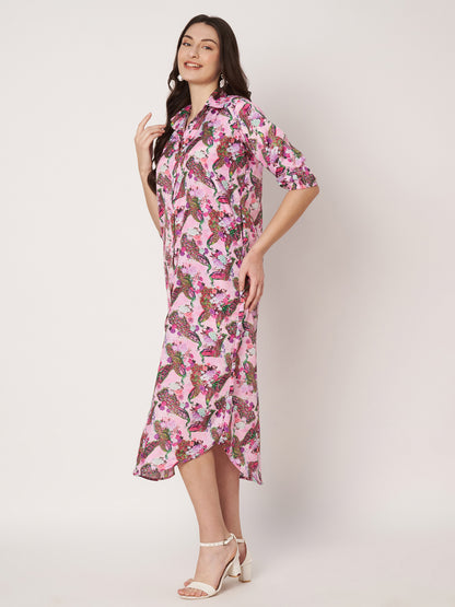 Kuberakshi- Pinky peacock print shirt style long dress with Pocket and belt