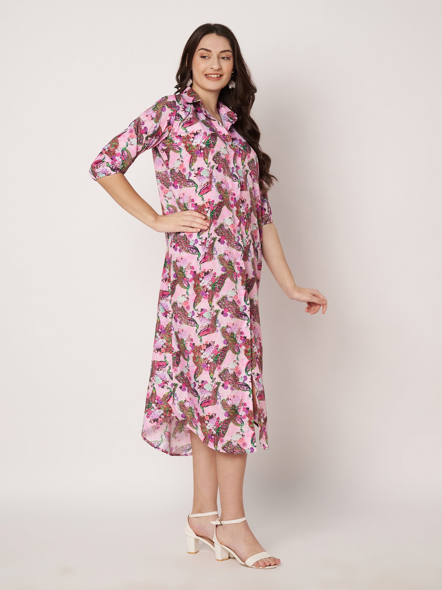 Kuberakshi- Pinky peacock print shirt style long dress with Pocket and belt