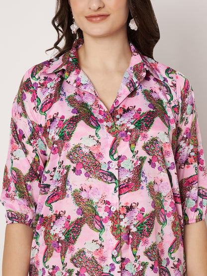 Kuberakshi- Pinky peacock print shirt style long dress with Pocket and belt