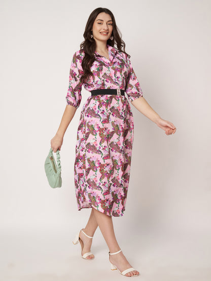 Kuberakshi- Pinky peacock print shirt style long dress with Pocket and belt