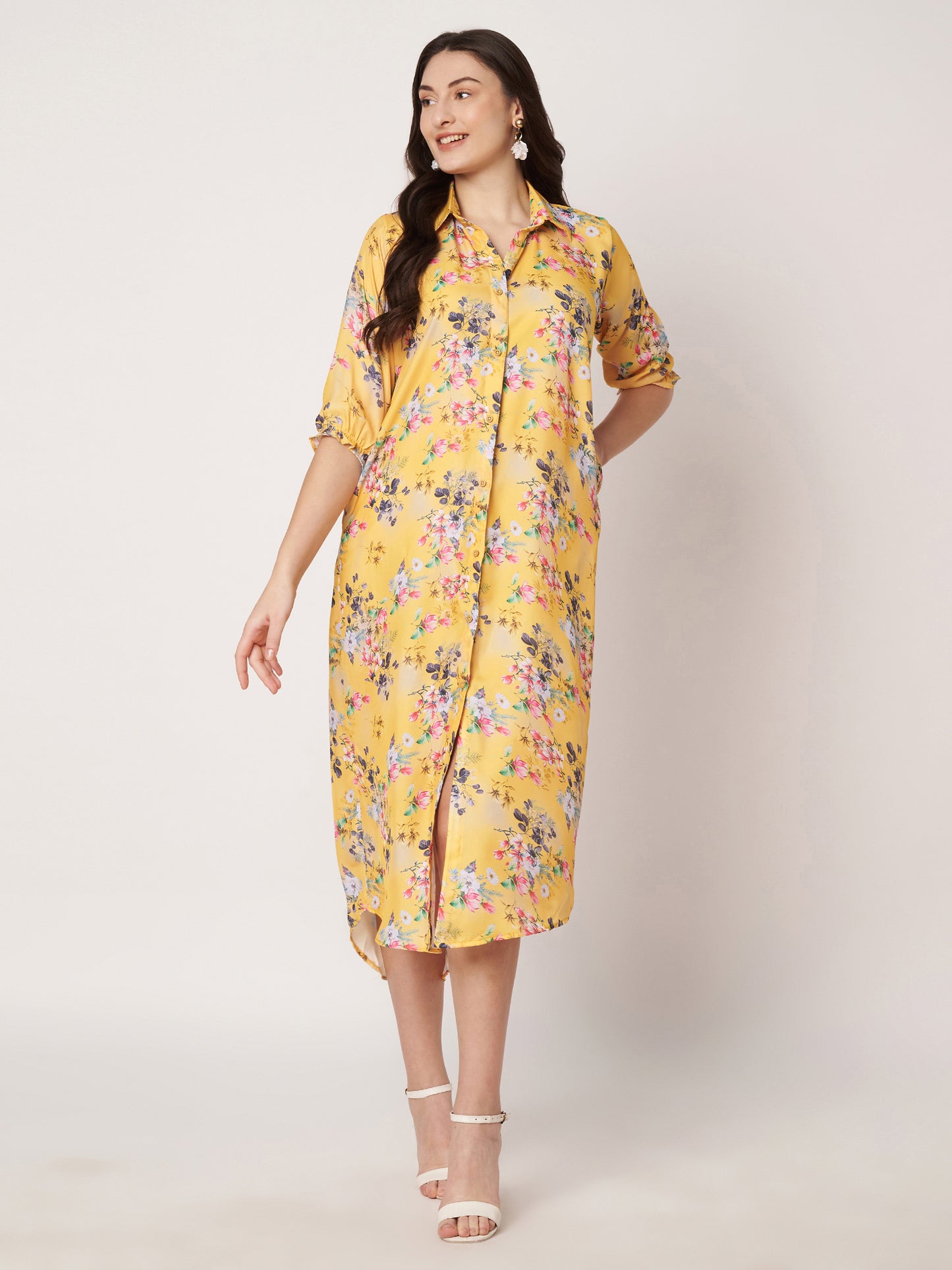 Kuberakshi- Dark yellow with jungle print long shirt style dress