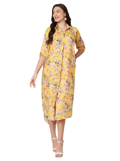Kuberakshi- Dark yellow with jungle print long shirt style dress