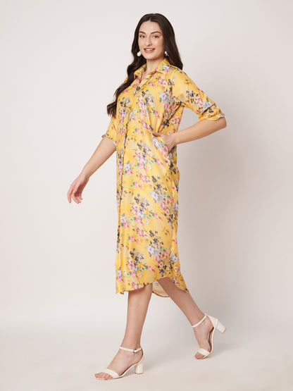 Kuberakshi- Dark yellow with jungle print long shirt style dress