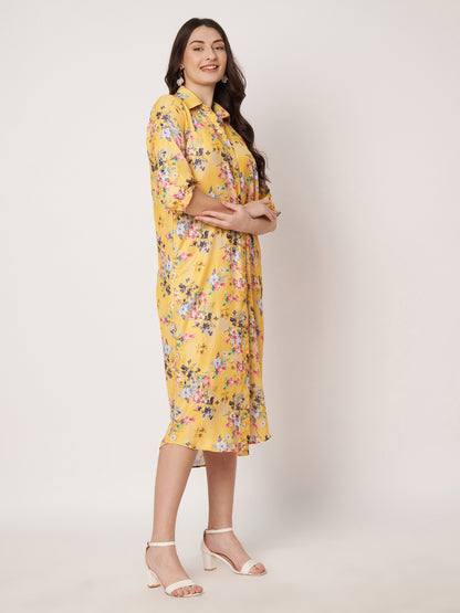 Kuberakshi- Dark yellow with jungle print long shirt style dress
