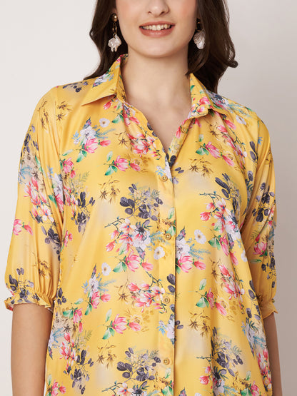Kuberakshi- Dark yellow with jungle print long shirt style dress