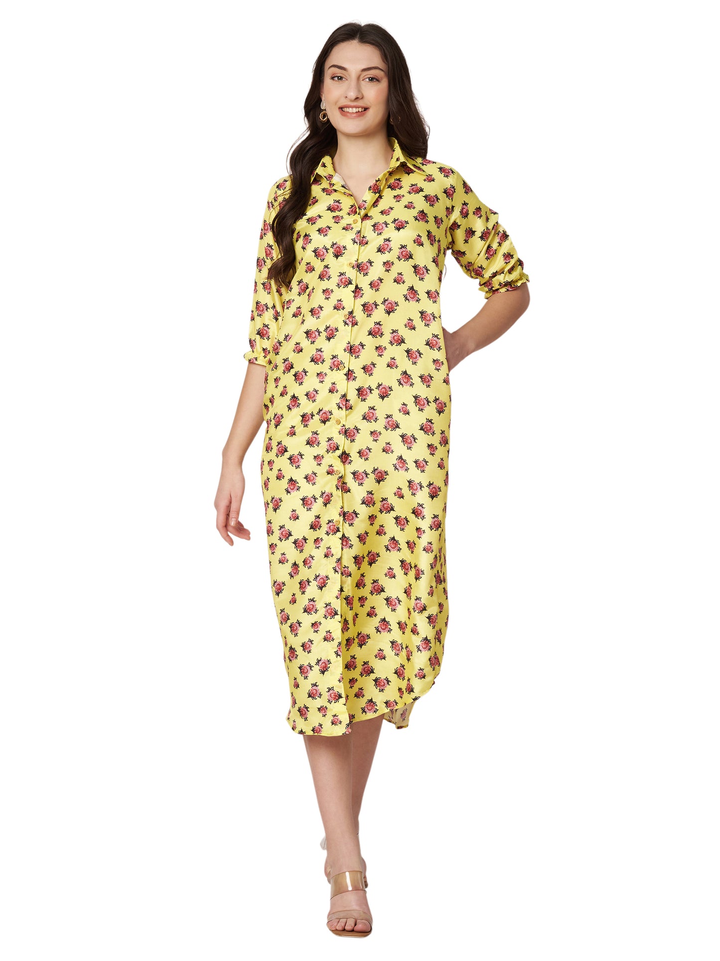 Kuberakshi -Yellow with small flower print shirt style long dress