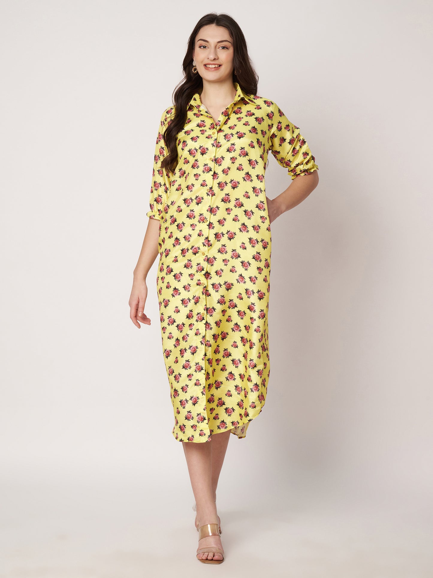 Kuberakshi -Yellow with small flower print shirt style long dress