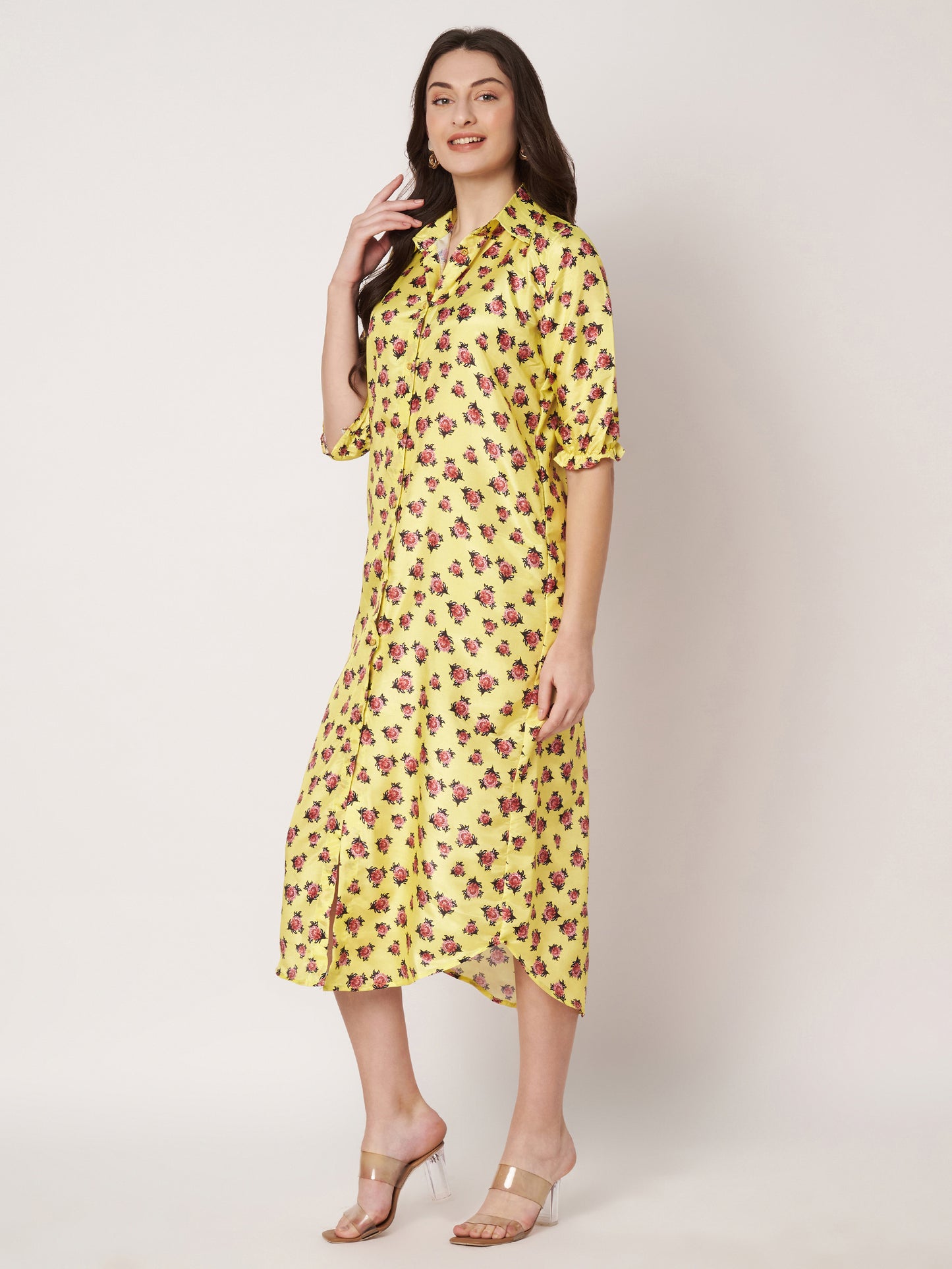 Kuberakshi -Yellow with small flower print shirt style long dress