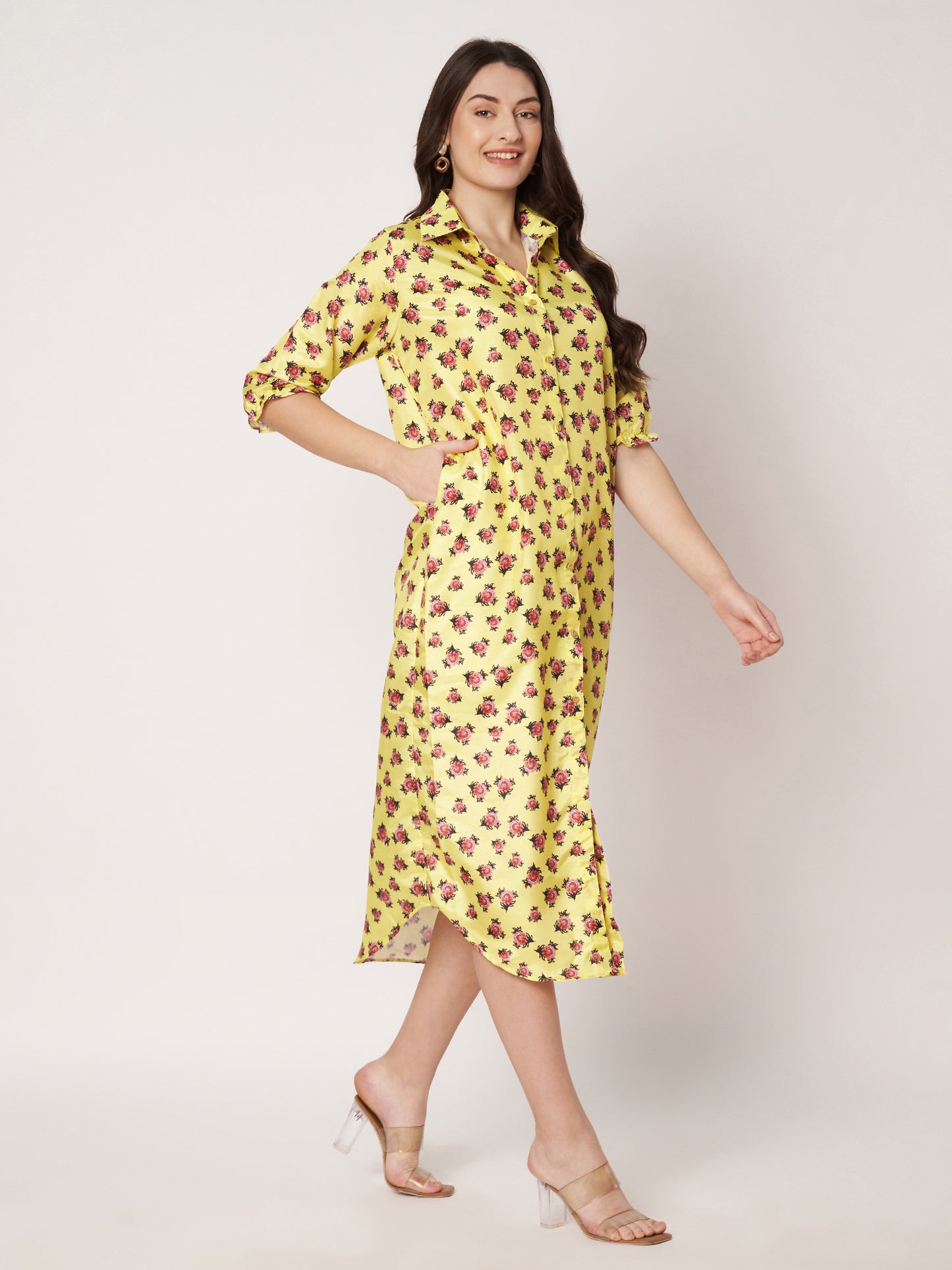 Kuberakshi -Yellow with small flower print shirt style long dress