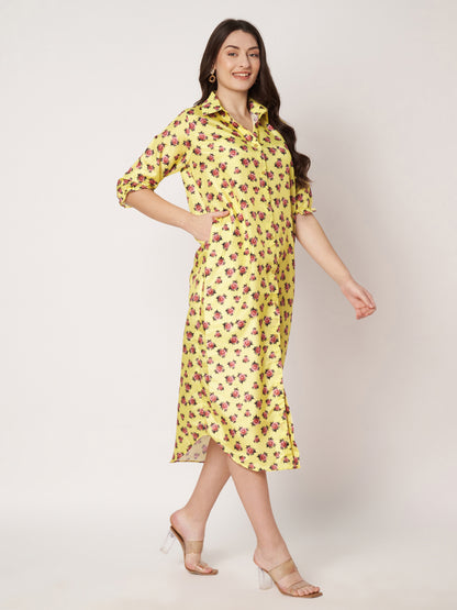 Kuberakshi -Yellow with small flower print shirt style long dress