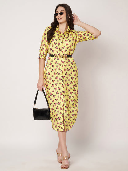 Kuberakshi -Yellow with small flower print shirt style long dress