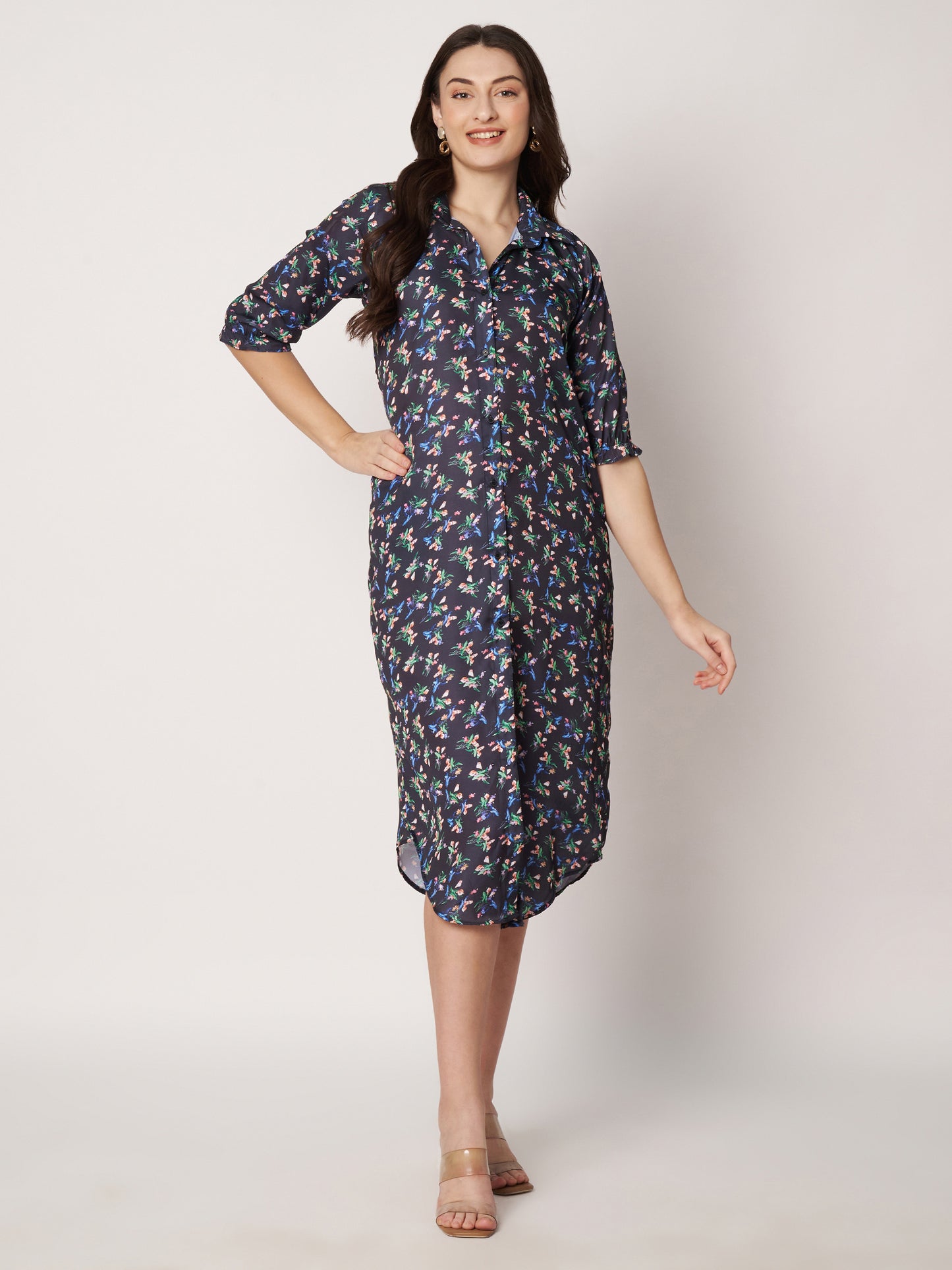 Kuberakshi- Black With small flower print shirt style long Dress