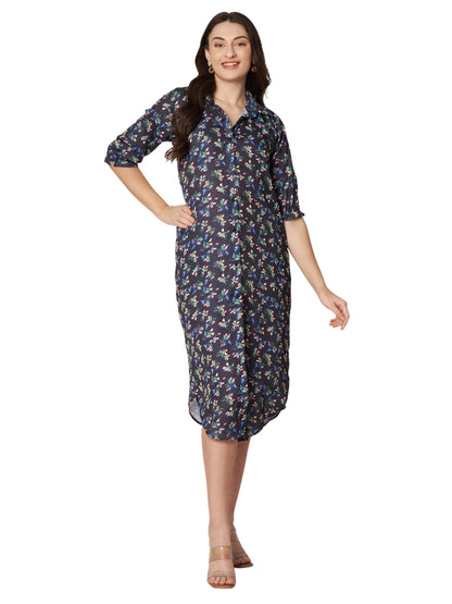 Kuberakshi- Black With small flower print shirt style long Dress