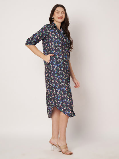 Kuberakshi- Black With small flower print shirt style long Dress