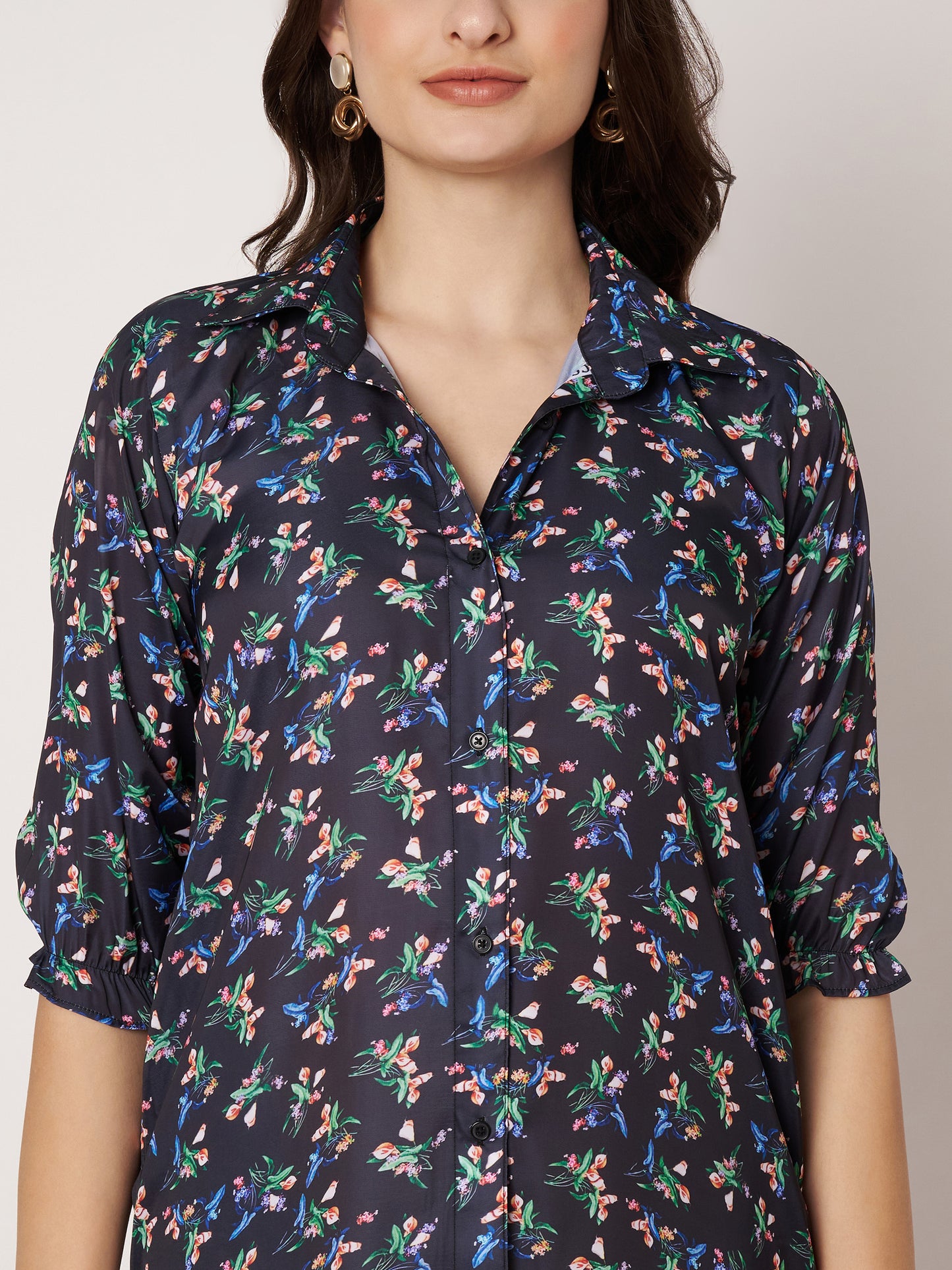 Kuberakshi- Black With small flower print shirt style long Dress