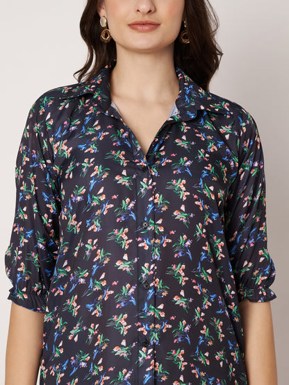 Kuberakshi- Black With small flower print shirt style long Dress