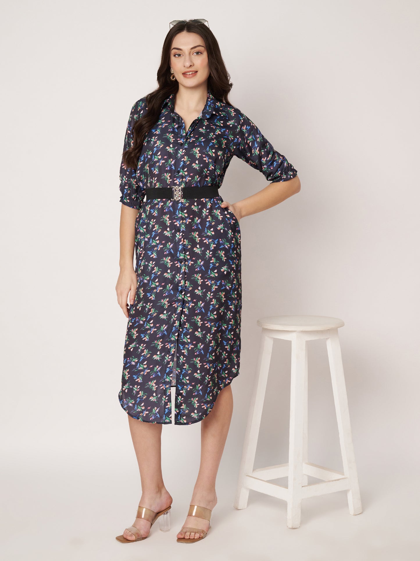 Kuberakshi- Black With small flower print shirt style long Dress