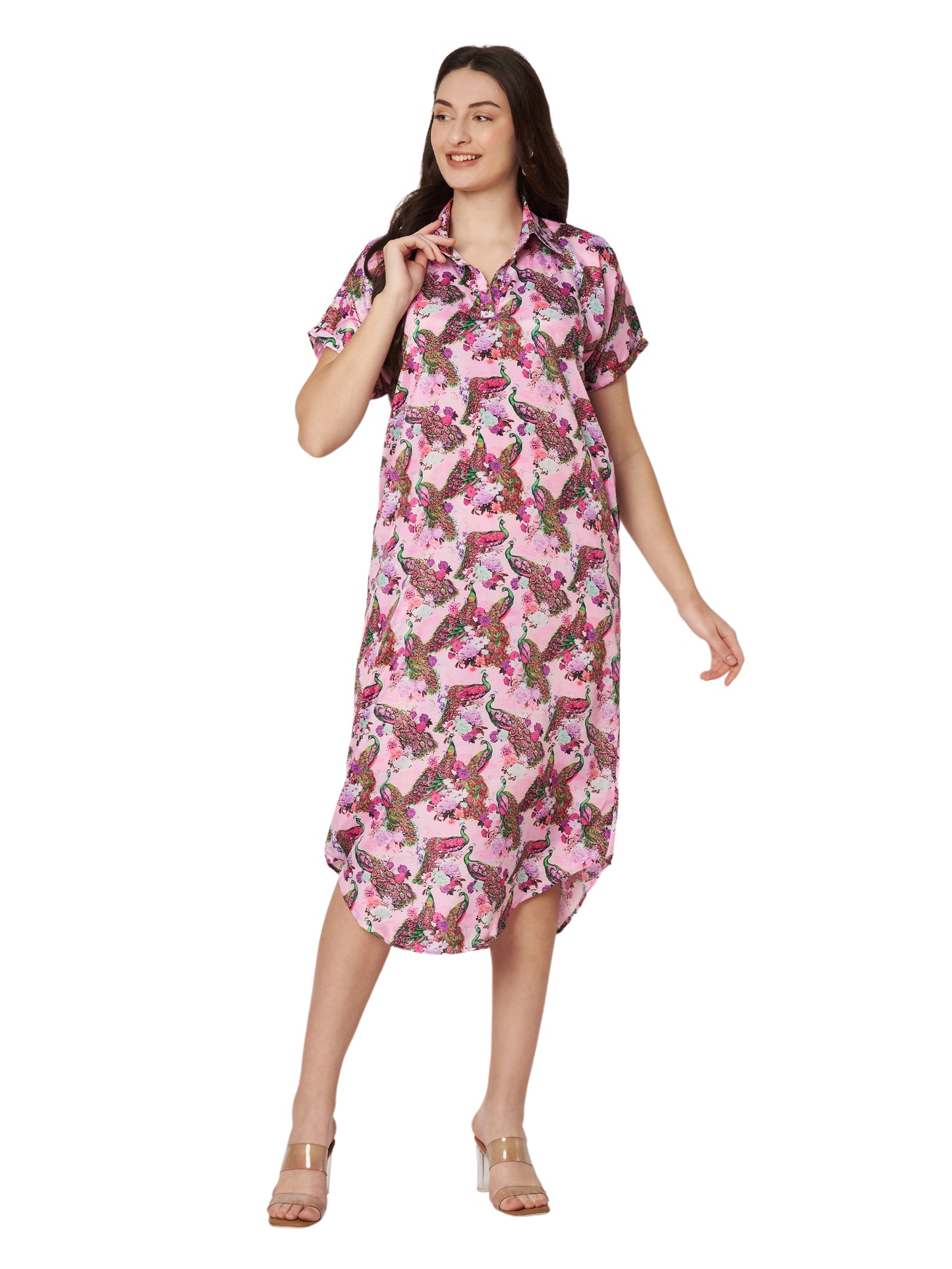 Kuberakshi-Pink Peacock Print  long dress with stylish sleeves