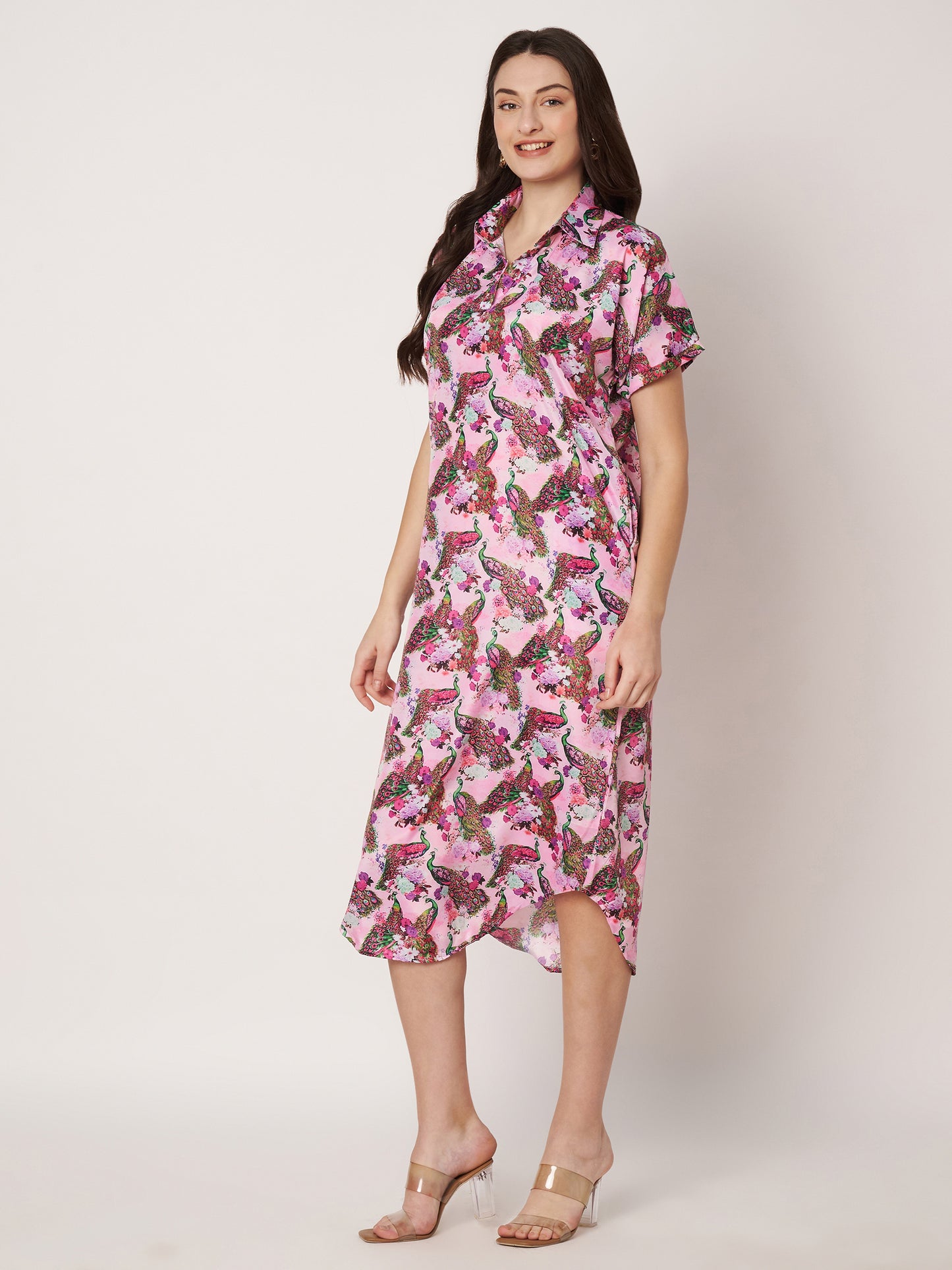 Kuberakshi-Pink Peacock Print  long dress with stylish sleeves