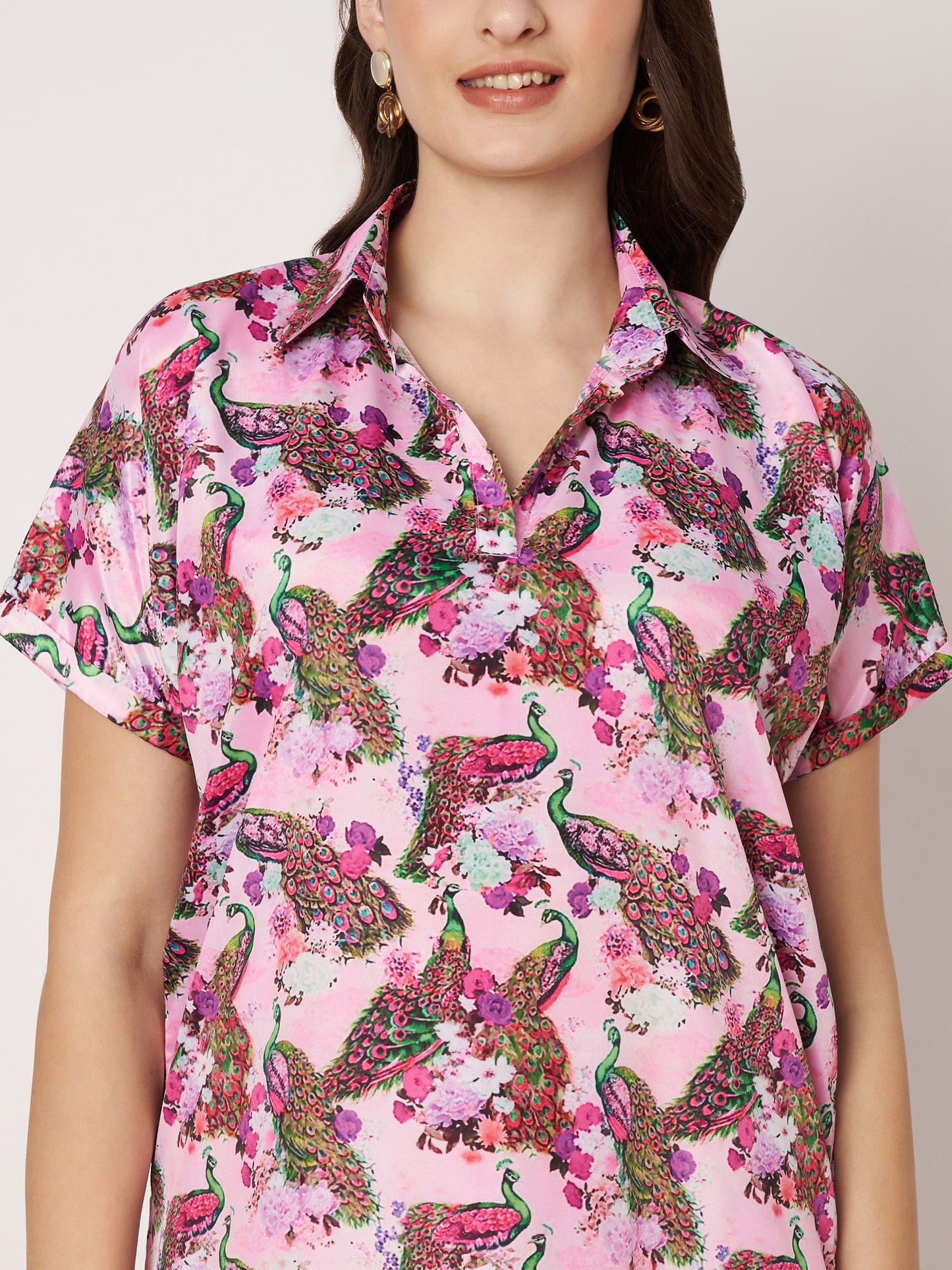 Kuberakshi-Pink Peacock Print  long dress with stylish sleeves