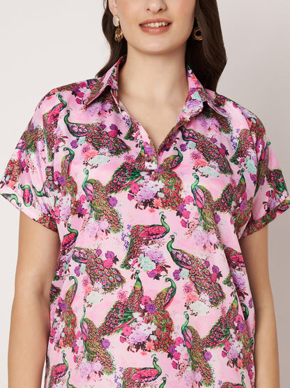 Kuberakshi-Pink Peacock Print  long dress with stylish sleeves