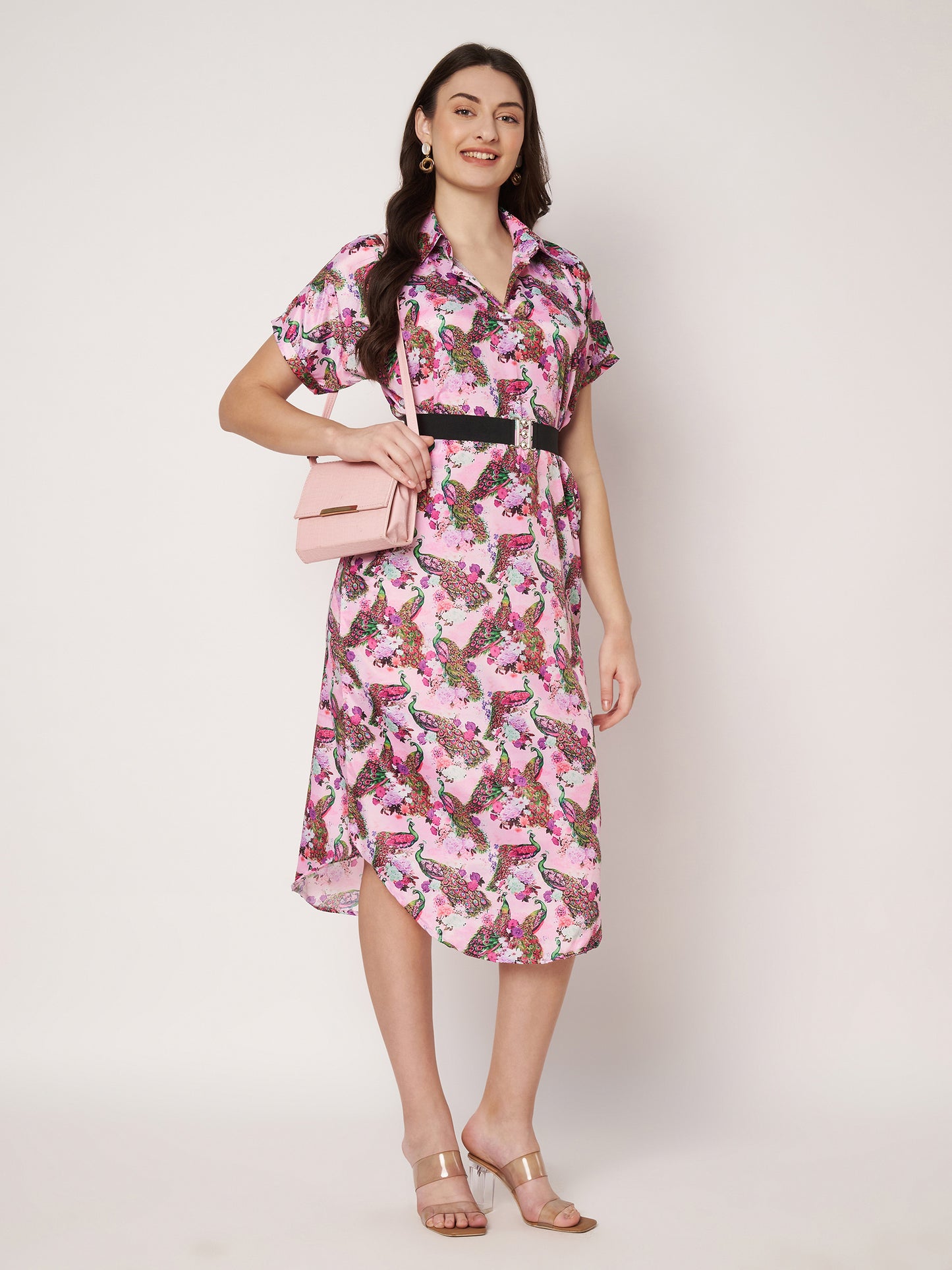 Kuberakshi-Pink Peacock Print  long dress with stylish sleeves