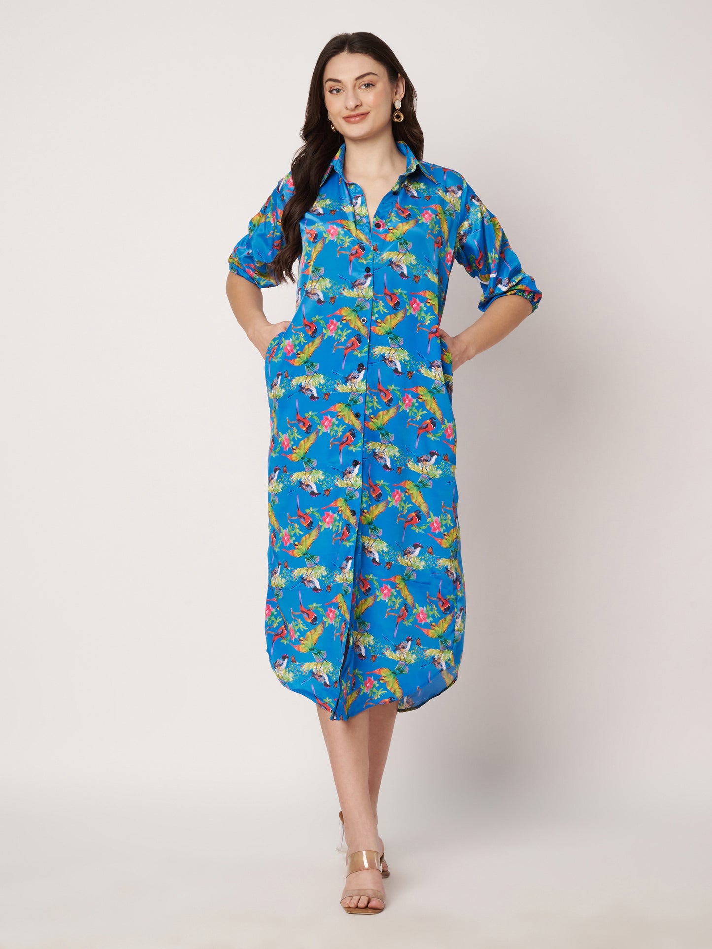 Kuberakshi - Blue Jungle Print shirt style long Dress  with Pocket.