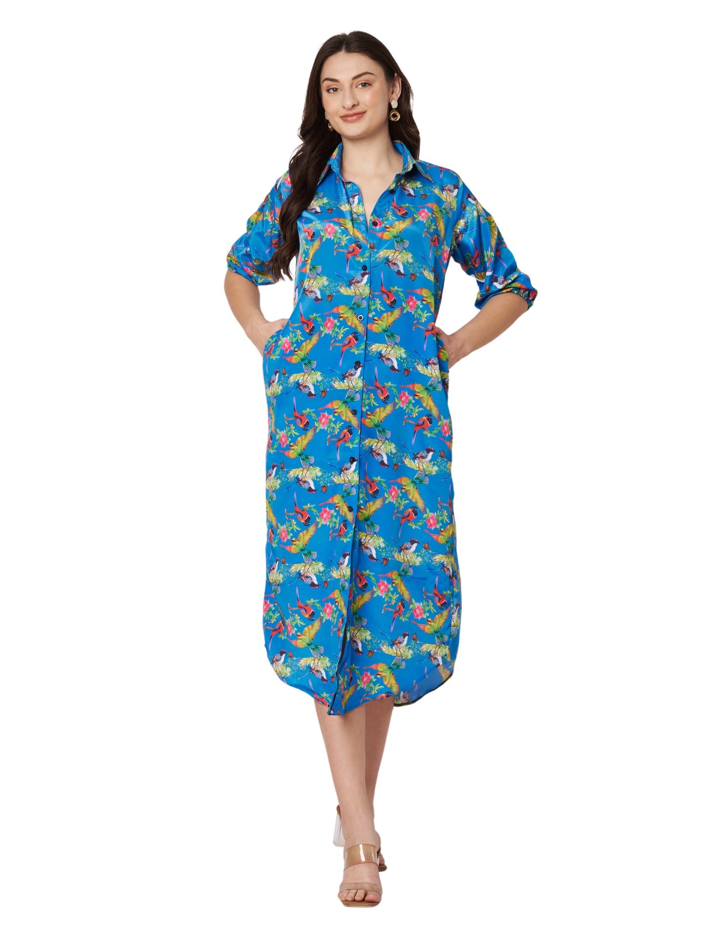 Kuberakshi - Blue Jungle Print shirt style long Dress  with Pocket.
