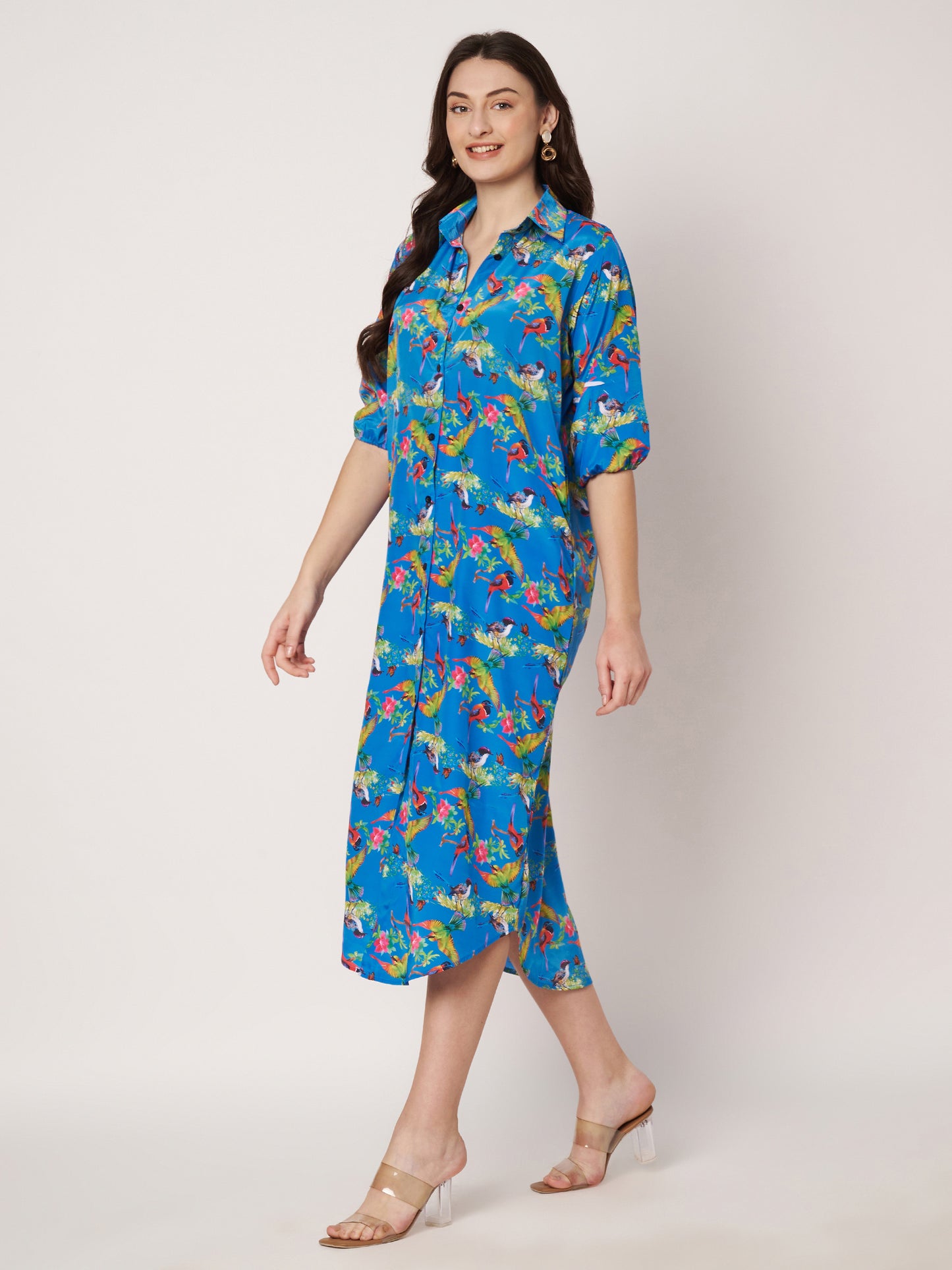 Kuberakshi - Blue Jungle Print shirt style long Dress  with Pocket.