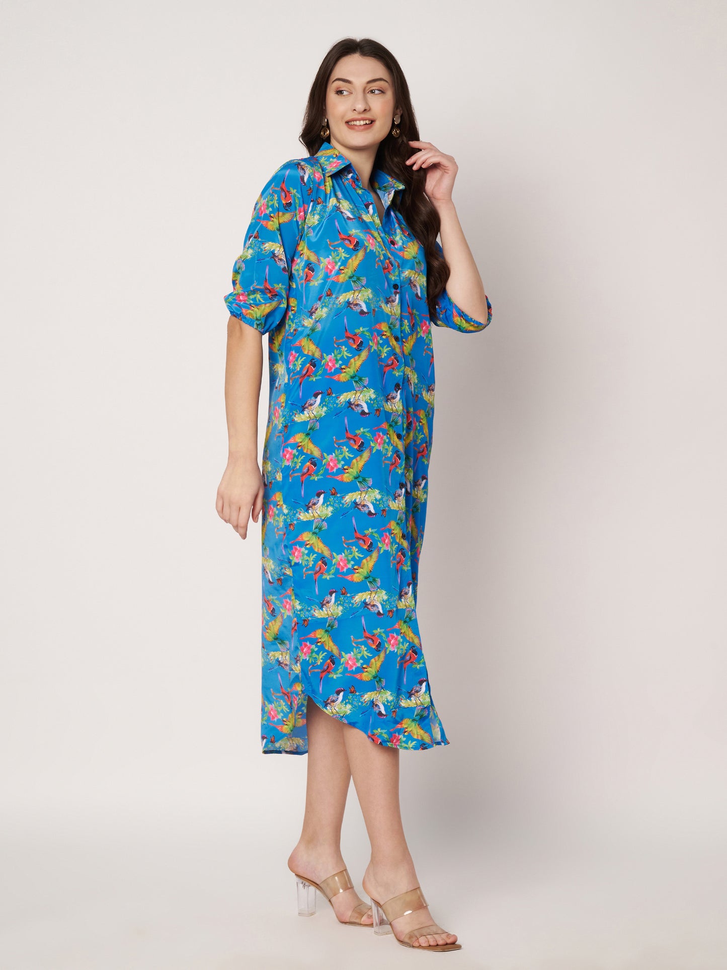 Kuberakshi - Blue Jungle Print shirt style long Dress  with Pocket.