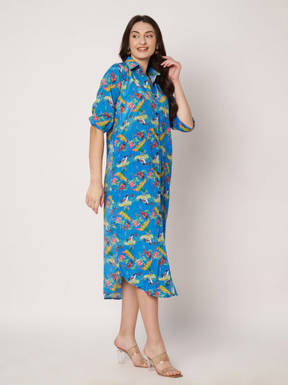 Kuberakshi - Blue Jungle Print shirt style long Dress  with Pocket.