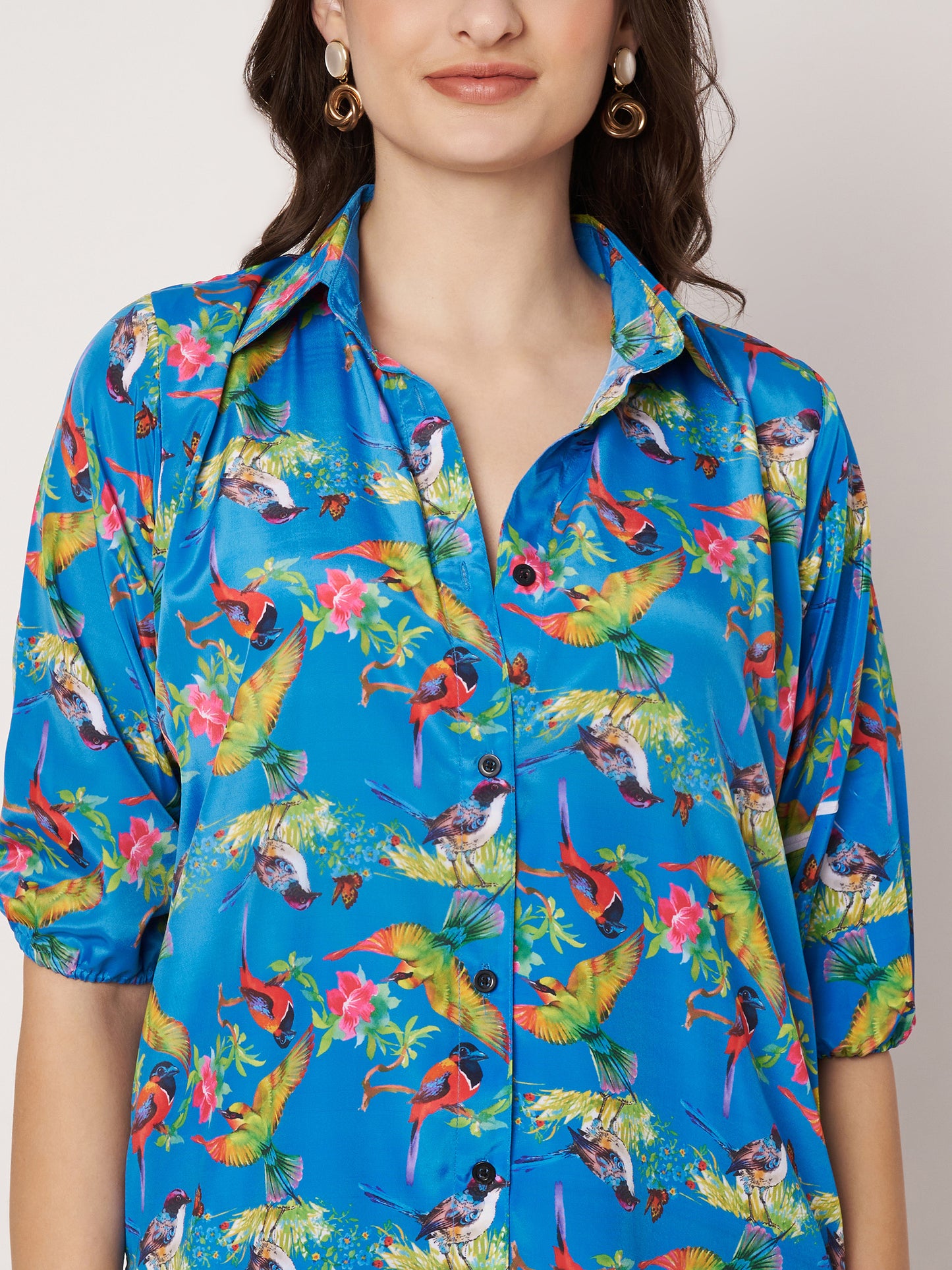 Kuberakshi - Blue Jungle Print shirt style long Dress  with Pocket.