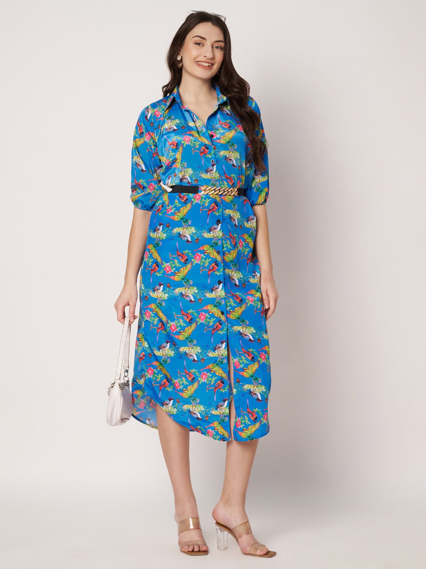 Kuberakshi - Blue Jungle Print shirt style long Dress  with Pocket.