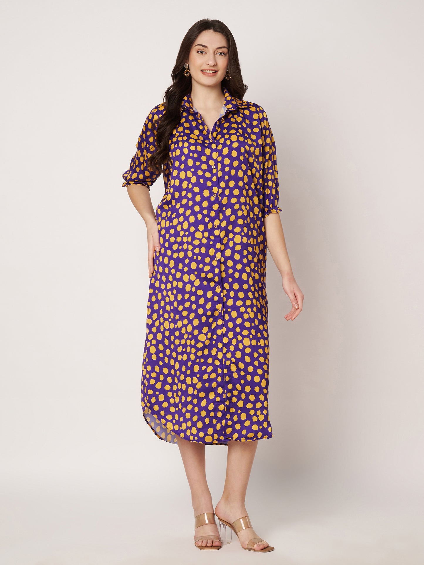 Kuberakshi- 💜 Purple & Yellow Polka Dot Shirt Dress