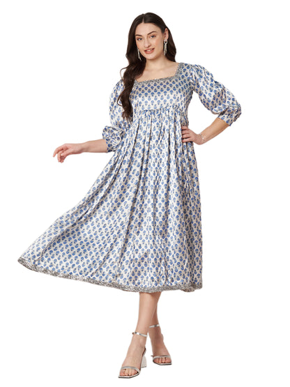 Kuberakshi-White with blue small print satin frock dress