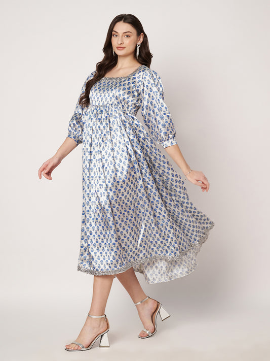 Kuberakshi-White with blue small print satin frock dress