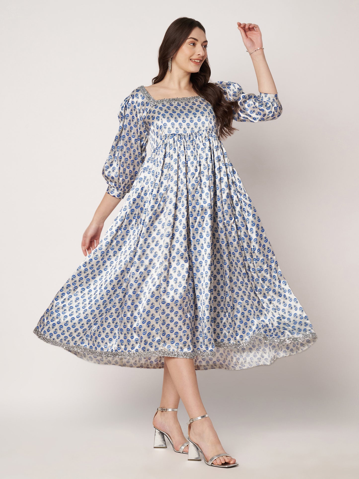 Kuberakshi-White with blue small print satin frock dress