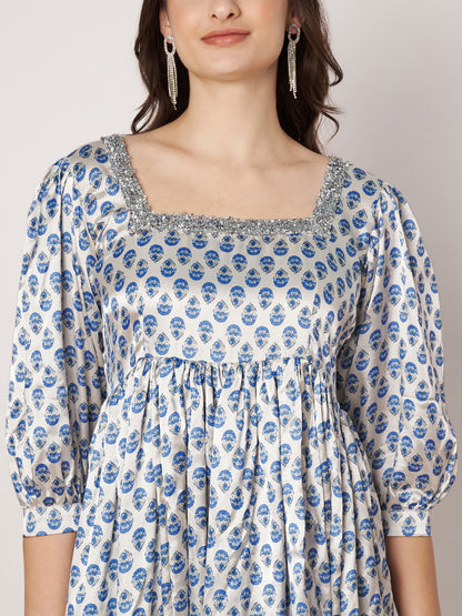 Kuberakshi-White with blue small print satin frock dress