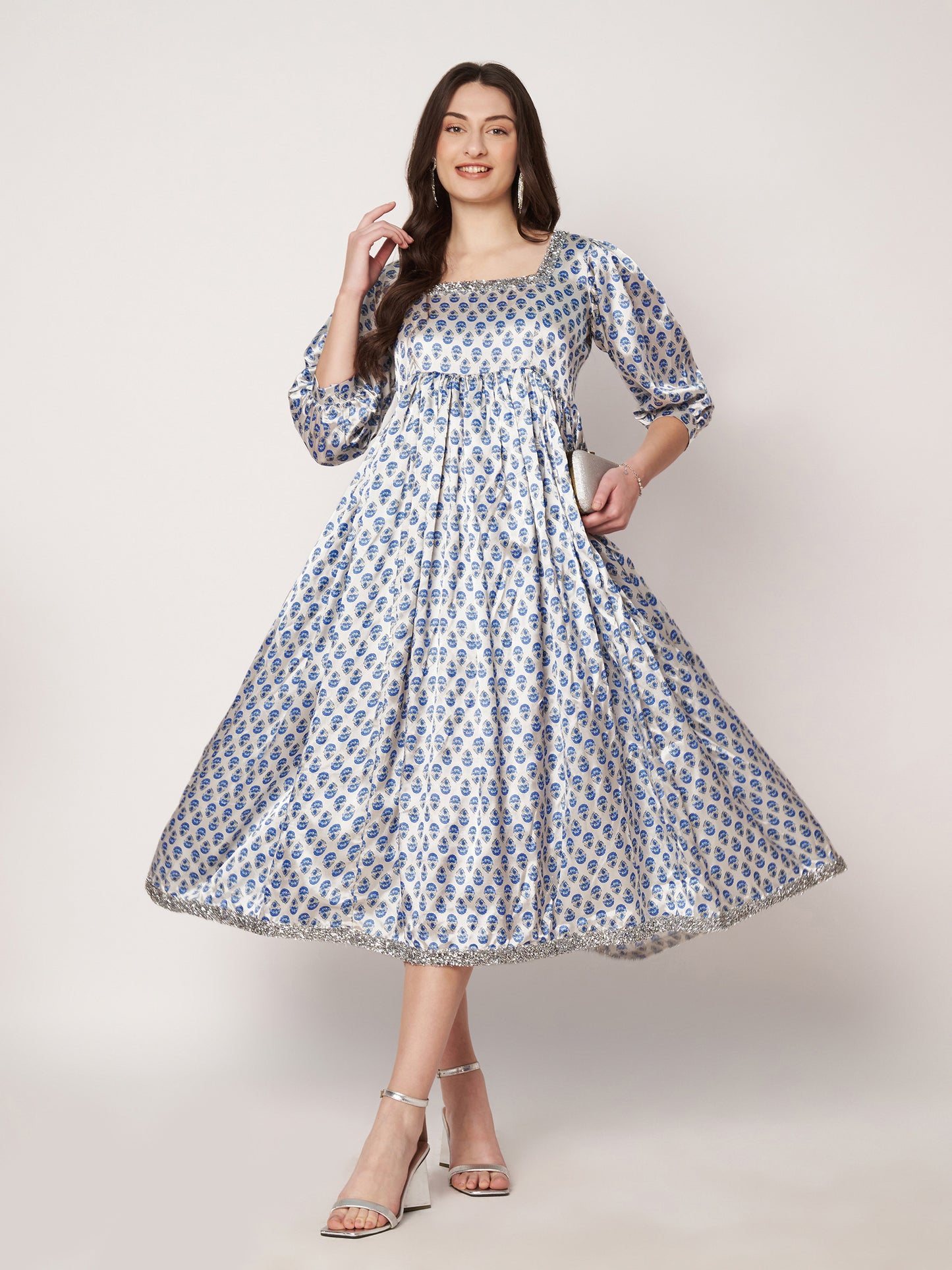 Kuberakshi-White with blue small print satin frock dress