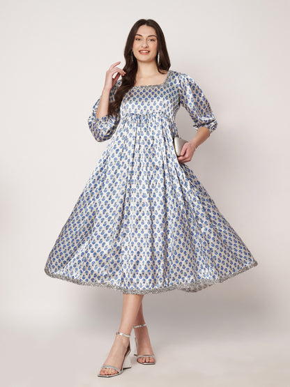 Kuberakshi-White with blue small print satin frock dress