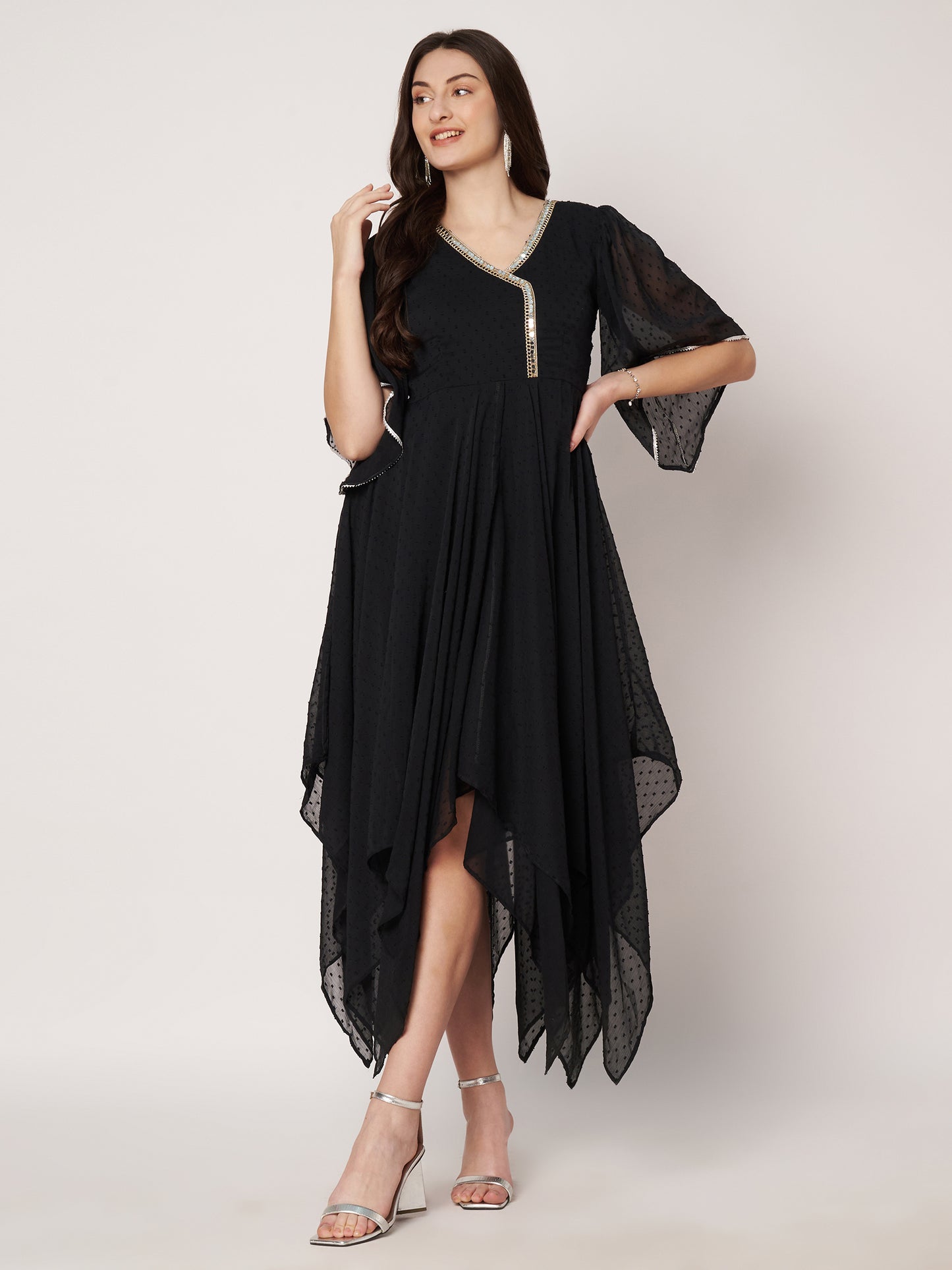 Kuberakshi Black Georgette zig zig flare long dress