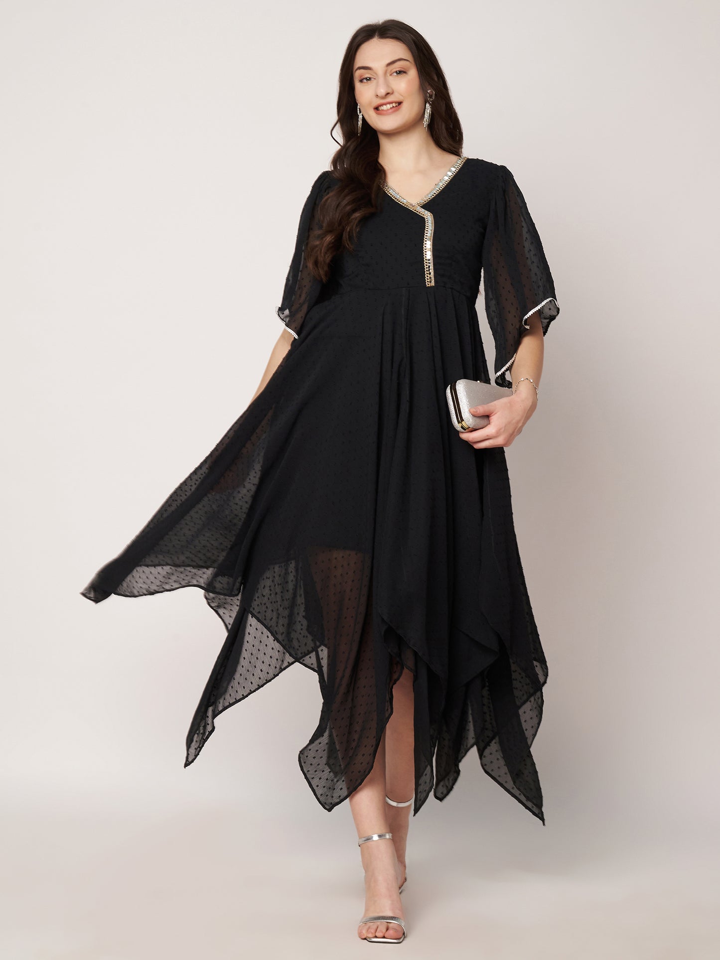 Kuberakshi Black Georgette zig zig flare long dress